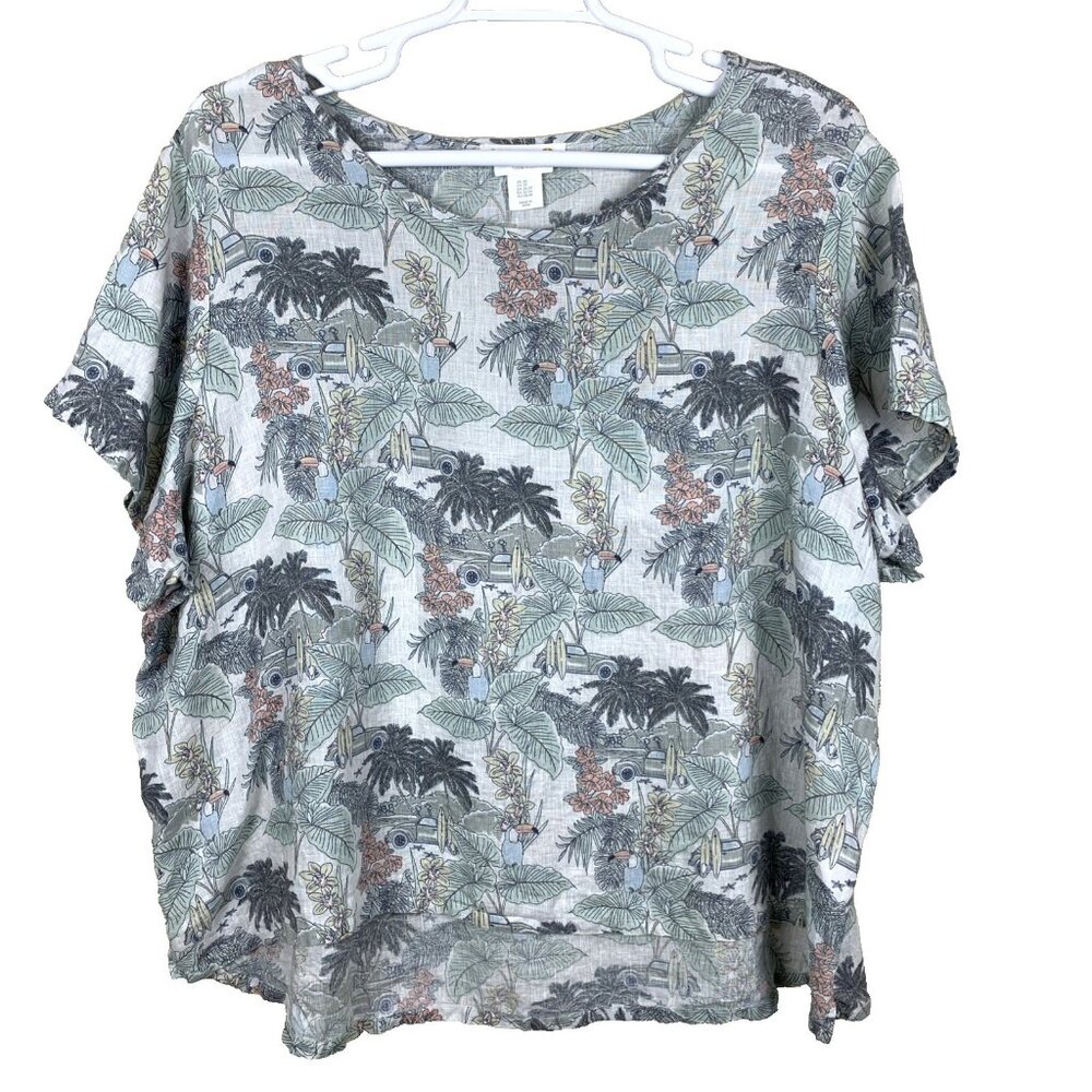 C&C California Womens 3X Linen Top Short Sleeve Woven Tropical Print Beachy Boho